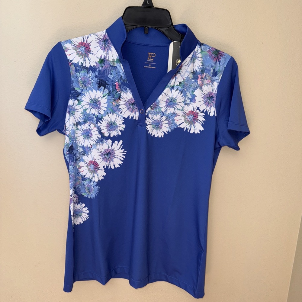 EP New York Womens Golf Polo Shirt Blue‎ Floral UV 50 Solar Tech Mock Neck Small
